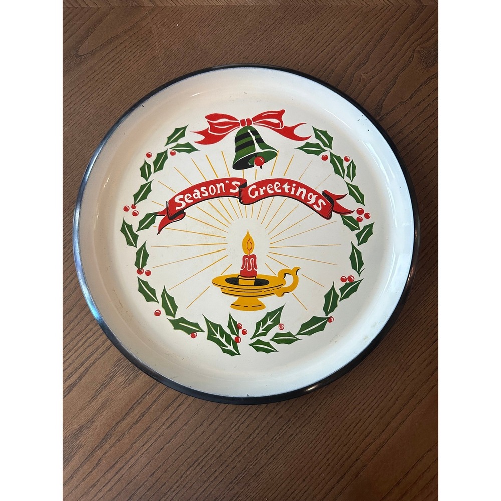 Vintage 13''‎ Santa Land Christmas Tin Tray Seasons Greetings Holly Candle Japan